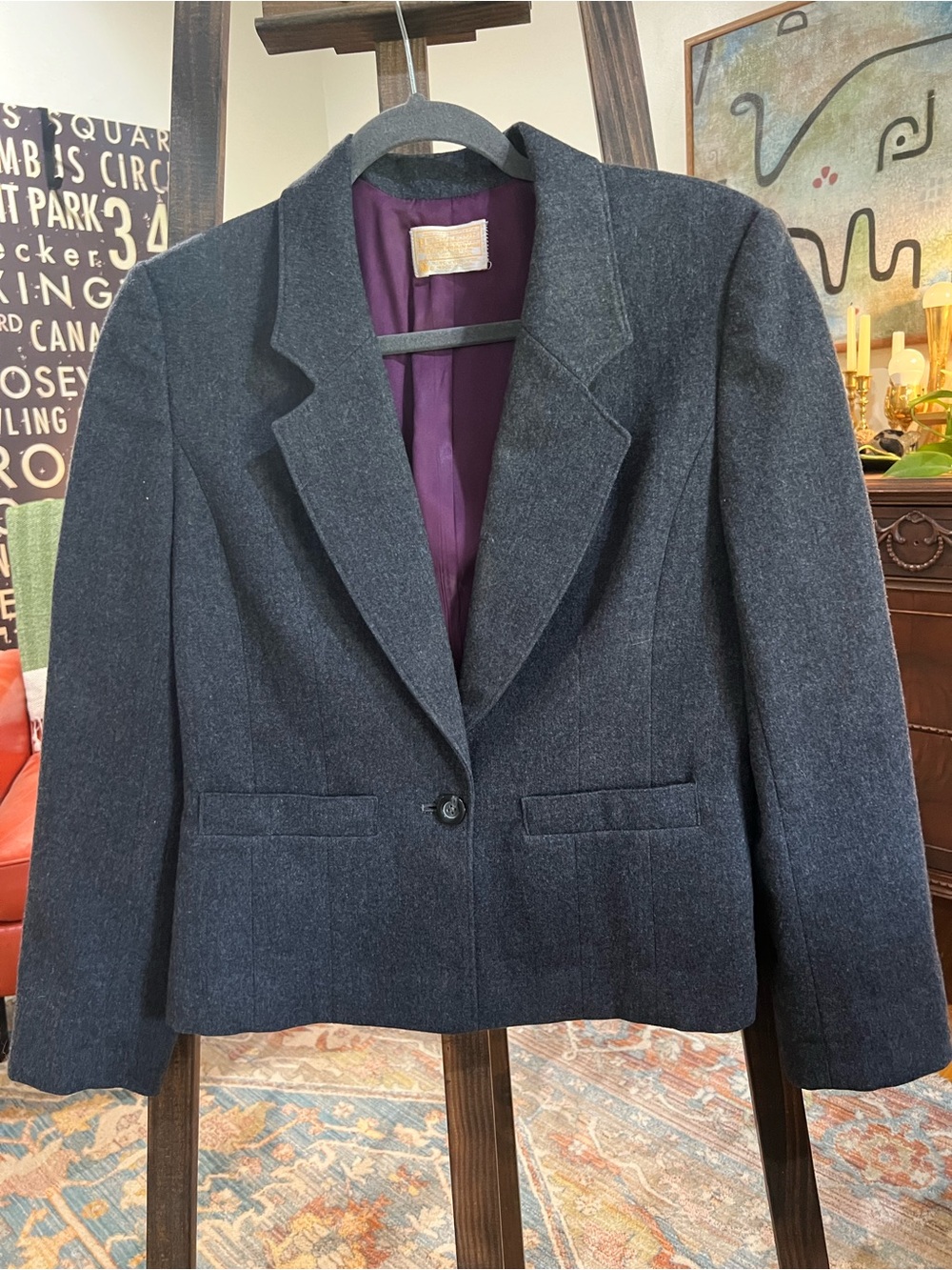 Pendleton Dark Charcoal Wool Blazer with Plum Lining